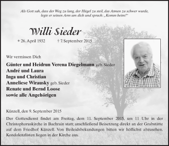 Traueranzeige von Willi Sieder 