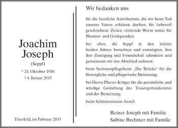 Traueranzeige von Joachim Joseph 