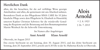 Traueranzeige von Alois Arnold 