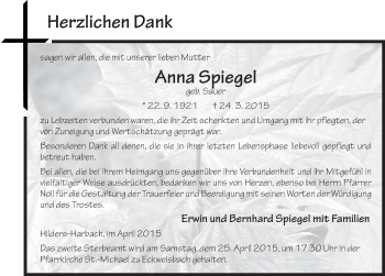 Traueranzeige von Anna Spiegel 