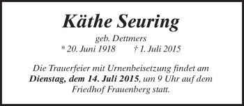 Traueranzeige von Käthe Seuring 