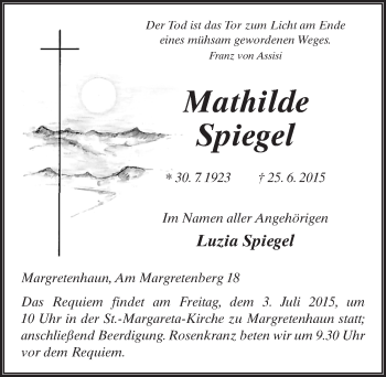 Traueranzeige von Mathilde Spiegel 