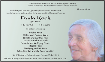 Traueranzeige von Paula Koch 