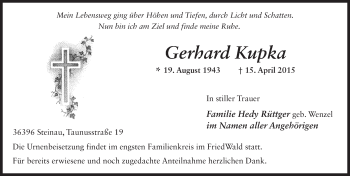 Traueranzeige von Gerhard Kupka 
