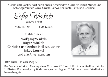 Traueranzeige von Sofia Winkels 