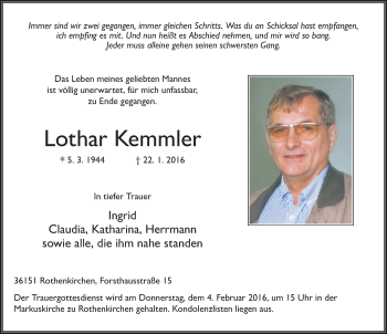 Traueranzeige von Lothar Kemmler 
