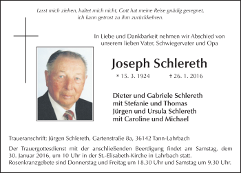 Traueranzeige von Joseph Schlereth 