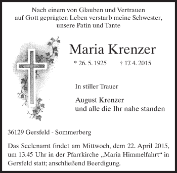 Traueranzeige von Maria Krenzer 