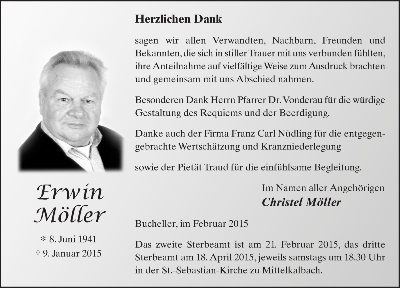  Traueranzeige für Erwin Möller vom 20.02.2015 aus 