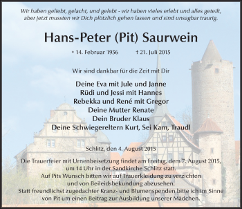 Traueranzeige von Hans-Peter Saurwein 