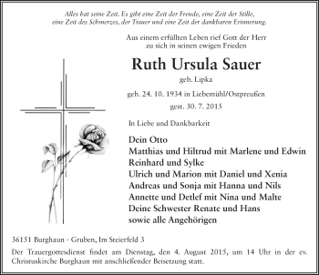 Traueranzeige von Ruth Ursula Sauer 