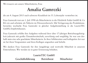 Traueranzeige von Amalia Gamrezki 