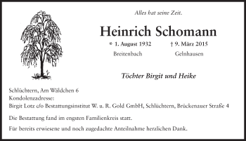 Traueranzeige von Heinrich Schomann 