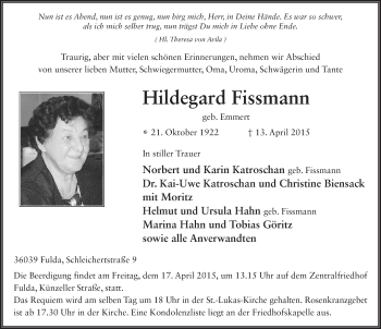 Traueranzeige von Hildegard Fissmann 