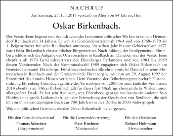Traueranzeige von Oskar Birkenbach 