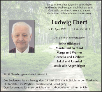 Traueranzeige von Ludwig Ebert 