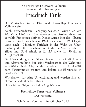 Traueranzeige von Friedrich Fink 