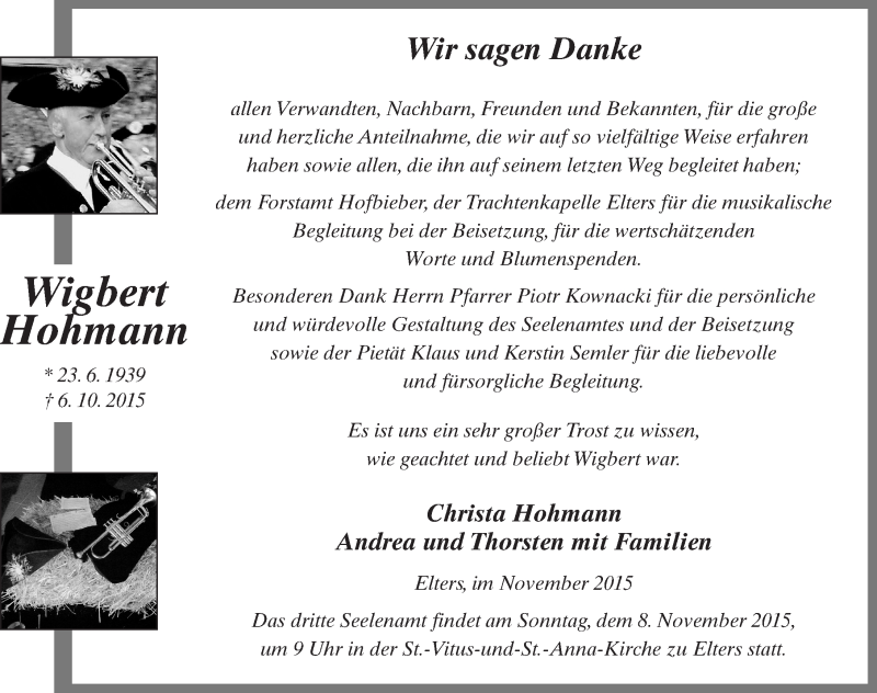  Traueranzeige für Wigbert Hohmann vom 06.11.2015 aus 