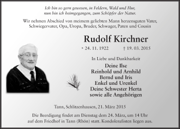 Traueranzeige von Rudolf Kirchner 
