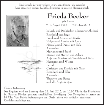 Traueranzeige von Frieda Becker 