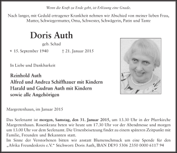 Traueranzeige von Doris Auth 