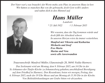Traueranzeige von Hans Müller 