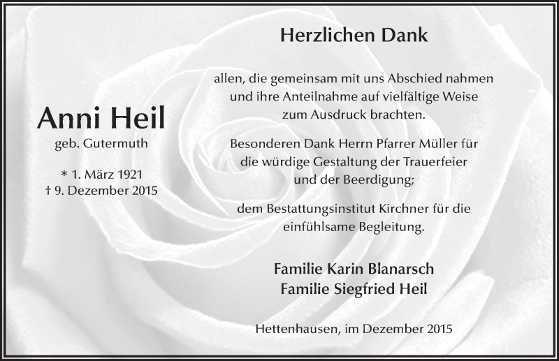  Traueranzeige für Anni Heil vom 29.12.2015 aus 