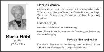 Traueranzeige von Maria Höhl 