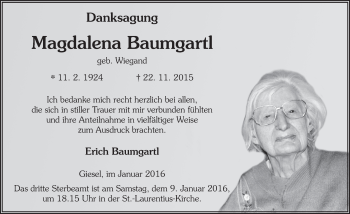 Traueranzeige von Magdalena Baumgartl 