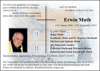 Traueranzeige von Erwin Muth 