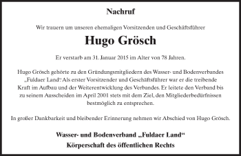 Traueranzeige von Hugo Grösch 