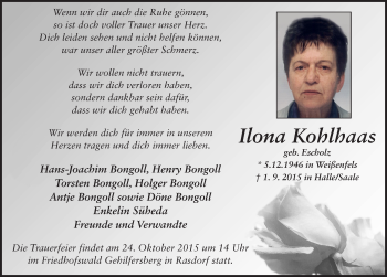 Traueranzeige von Ilona Kohlhaas 