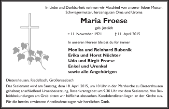 Traueranzeige von Maria Froese 