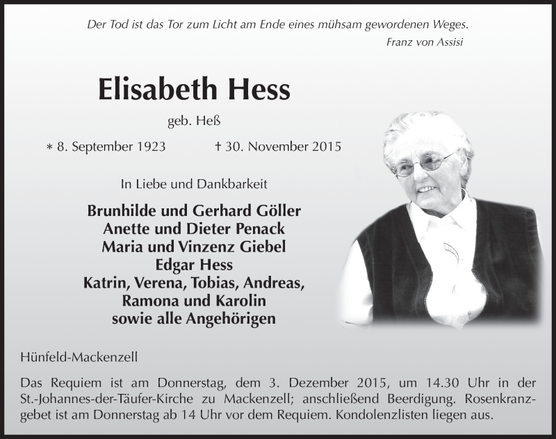  Traueranzeige für Elisabeth Hess vom 01.12.2015 aus 