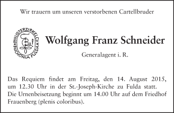 Traueranzeige von Wolfgang Franz Schneider 