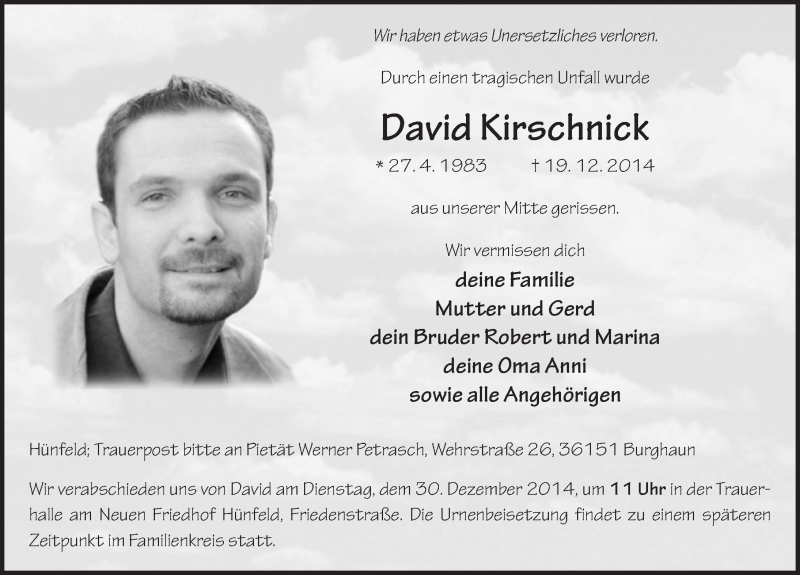  Traueranzeige für David Kirschnick vom 27.12.2014 aus 