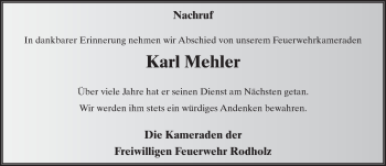 Traueranzeige von Karl Mehler 