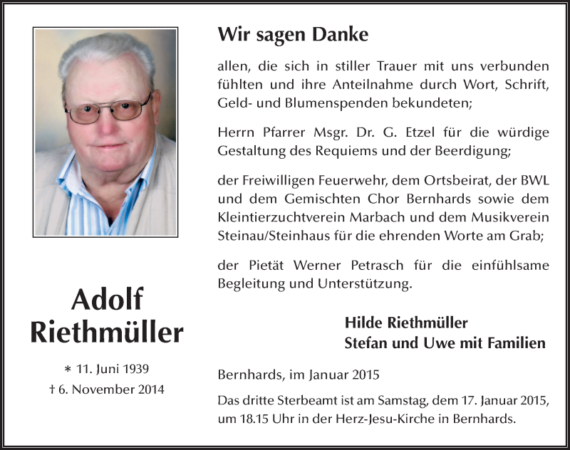  Traueranzeige für Adolf Riethmüller vom 15.01.2015 aus 