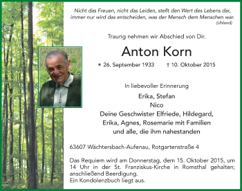 Traueranzeige von Anton Korn 