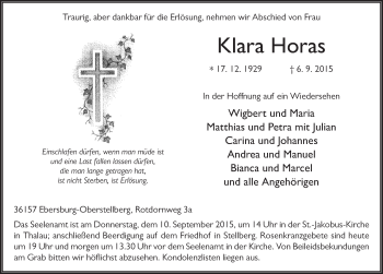 Traueranzeige von Klara Horas 