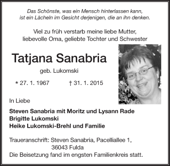 Traueranzeige von Tatjana Sanabria 