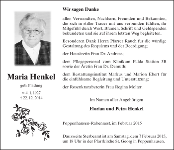 Traueranzeige von Maria Henkel 