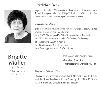 Traueranzeige von Brigitte Müller 