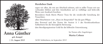 Traueranzeige von Anna Günther 