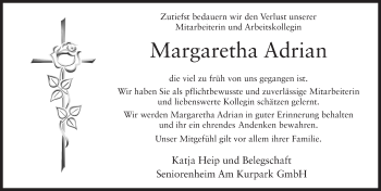 Traueranzeige von Margaretha Adrian 