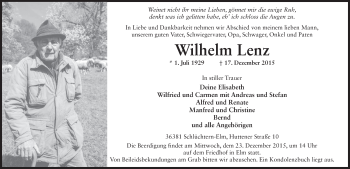 Traueranzeige von Wilhelm Lenz 