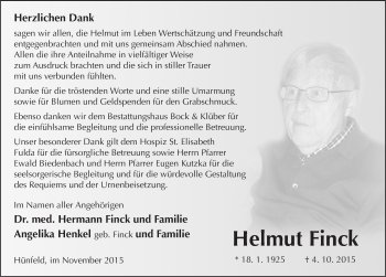 Traueranzeige von Helmut Finck 