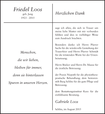 Traueranzeige von Friedel Loos 