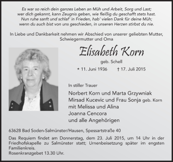 Traueranzeige von Elisabeth Korn 