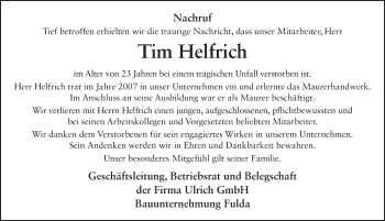 Traueranzeige von Tim Helfrich 